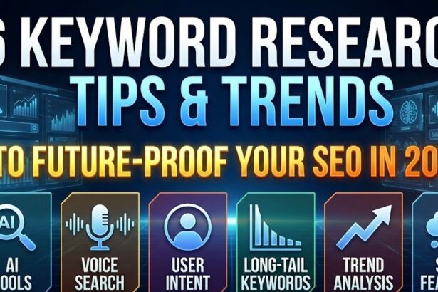 A digital marketer analyzing SEO trends on a dual-monitor setup with graphs showing keyword search intent and volume.