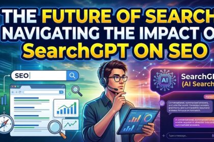 A conceptual digital interface showing SearchGPT synthesizing a conversational answer with clickable source citations.
