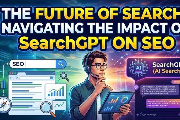 A conceptual digital interface showing SearchGPT synthesizing a conversational answer with clickable source citations.