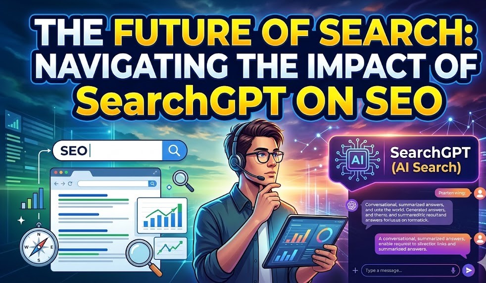 A conceptual digital interface showing SearchGPT synthesizing a conversational answer with clickable source citations.