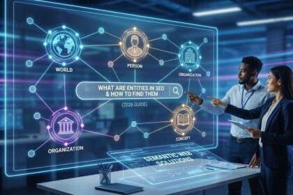 A digital marketer connecting data points on a glowing semantic network graph representing SEO entities.