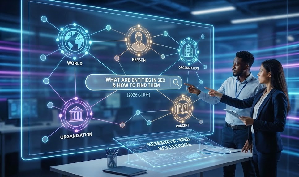 A digital marketer connecting data points on a glowing semantic network graph representing SEO entities.