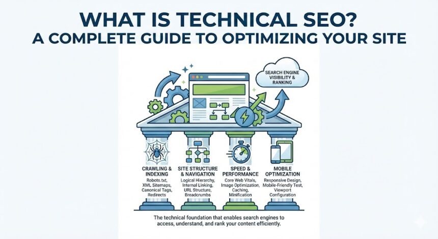 A digital flowchart showing how search engine bots crawl, index, and rank a well-structured website.
