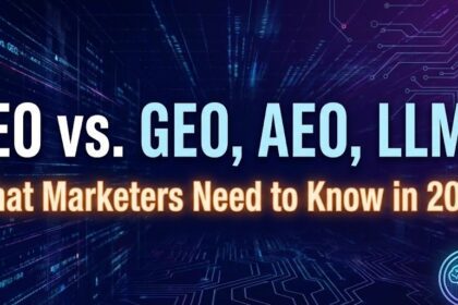 A digital marketer analyzing a glowing holographic dashboard comparing traditional SEO metrics with AI search visibility.