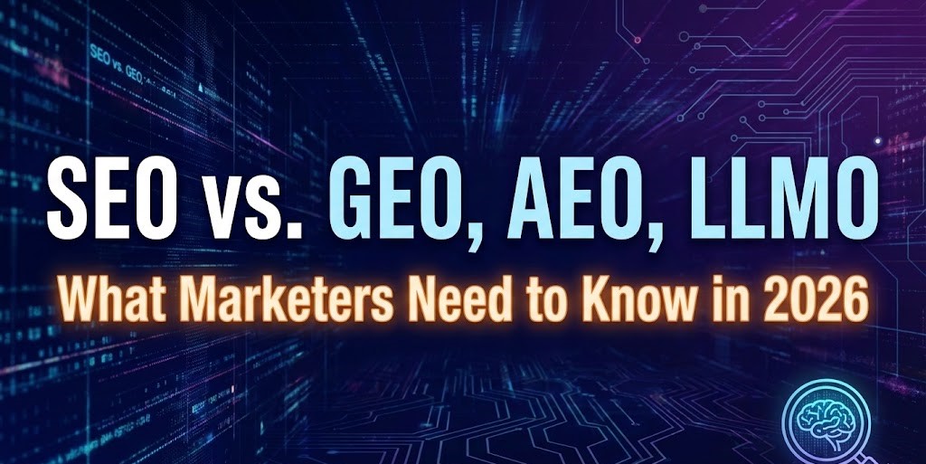 A digital marketer analyzing a glowing holographic dashboard comparing traditional SEO metrics with AI search visibility.