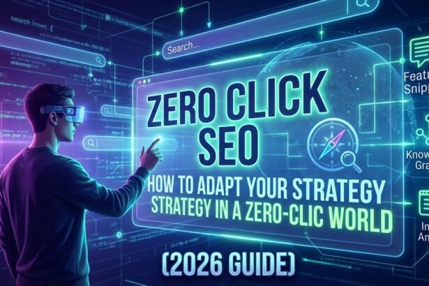 A digital marketer analyzing a search engine results page featuring a zero-click AI summary box on a laptop screen.