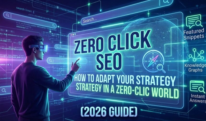 A digital marketer analyzing a search engine results page featuring a zero-click AI summary box on a laptop screen.