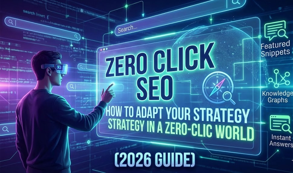 A digital marketer analyzing a search engine results page featuring a zero-click AI summary box on a laptop screen.