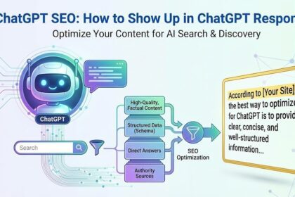 A digital dashboard showing SEO metrics overlaying the ChatGPT interface on a dark laptop screen.