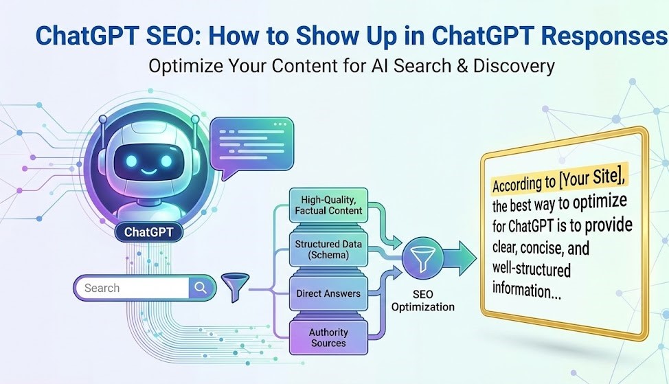 A digital dashboard showing SEO metrics overlaying the ChatGPT interface on a dark laptop screen.