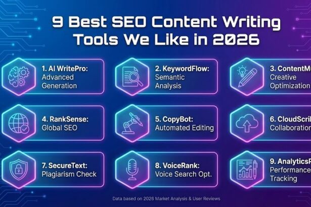 A digital marketer typing on a laptop with an SEO optimization dashboard visible on the screen.