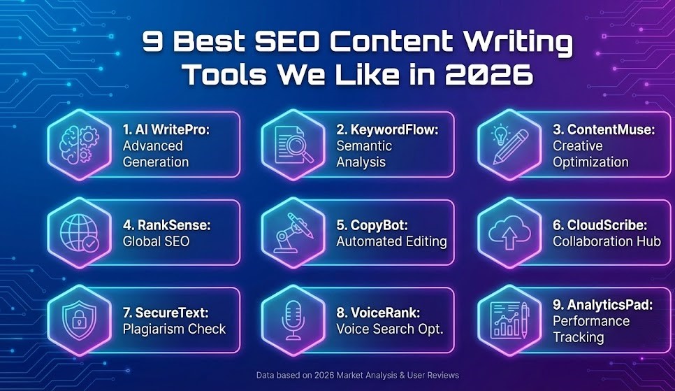 A digital marketer typing on a laptop with an SEO optimization dashboard visible on the screen.