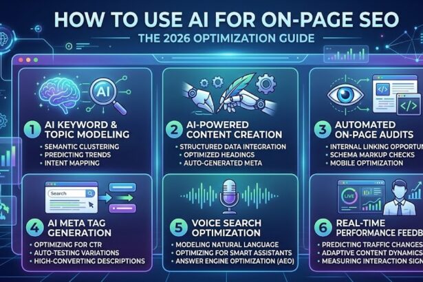 A digital interface showing AI-driven SEO analysis with rising ranking metrics and keyword clusters.
