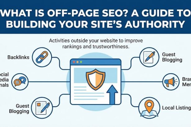 A diagram showing the relationship between a website and various external factors like social media, backlinks, and reviews.