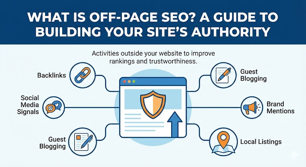 A diagram showing the relationship between a website and various external factors like social media, backlinks, and reviews.