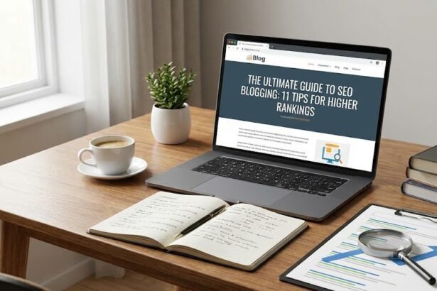 A laptop displaying SEO analytics graphs next to a notebook with "Content Strategy" written on it.