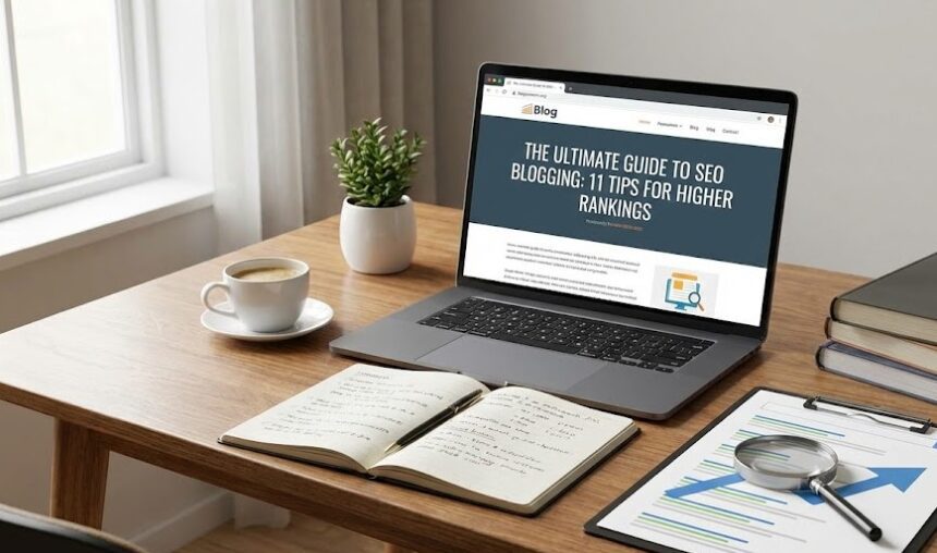 A laptop displaying SEO analytics graphs next to a notebook with "Content Strategy" written on it.