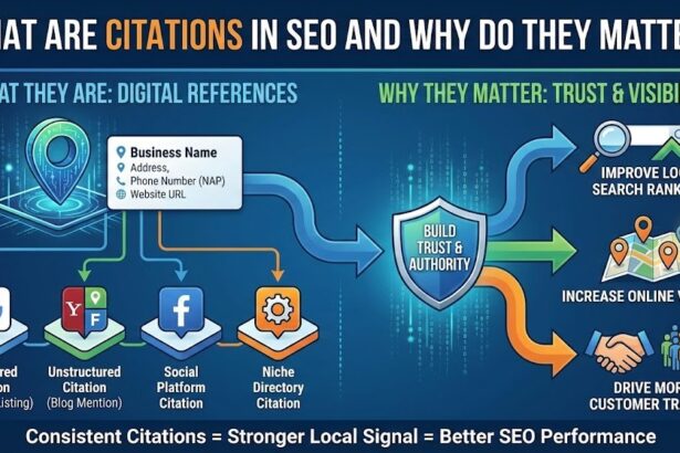 A glowing digital map pin surrounded by various business directory logos and data streams.