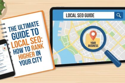 A map pin icon sitting on top of a laptop keyboard displaying search results.