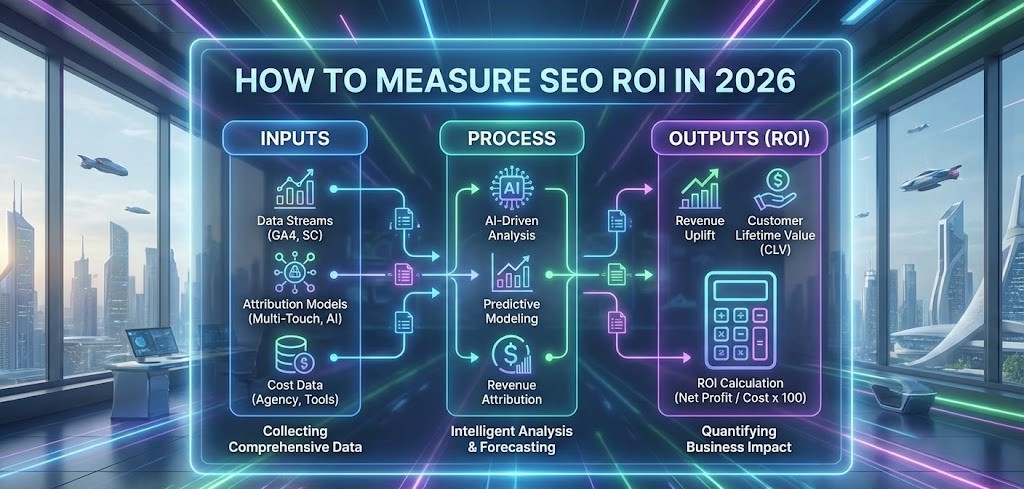 A glowing digital dashboard displaying rising revenue charts and SEO return on investment metrics