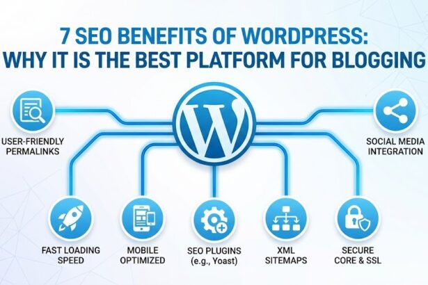 A laptop displaying the WordPress dashboard with SEO plugins active.