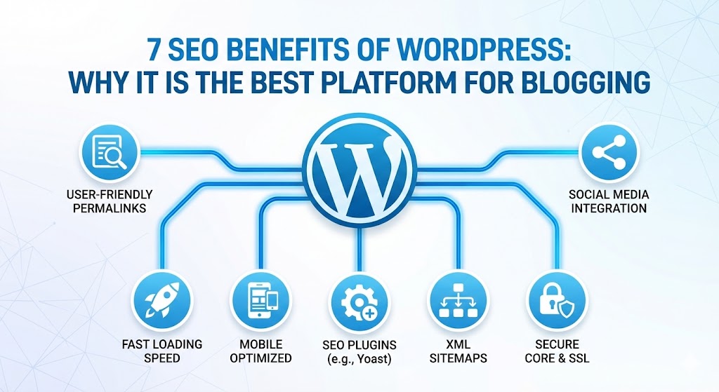 A laptop displaying the WordPress dashboard with SEO plugins active.