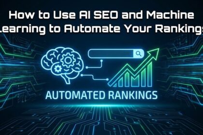 A digital illustration of a robot hand analyzing SEO data graphs on a computer screen.
