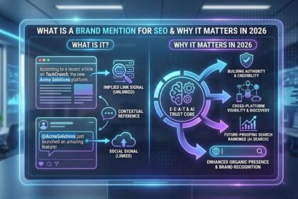 A magnifying glass hovering over glowing digital text displaying various brand names and social media icons.