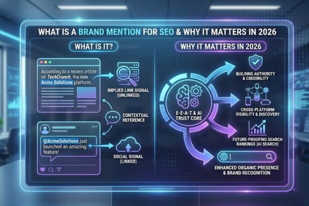 A magnifying glass hovering over glowing digital text displaying various brand names and social media icons.