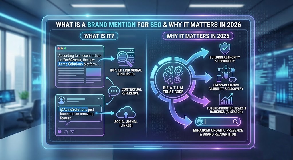 A magnifying glass hovering over glowing digital text displaying various brand names and social media icons.
