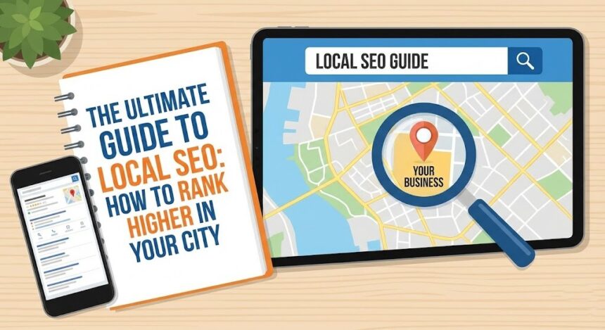 A map pin icon sitting on top of a laptop keyboard displaying search results.
