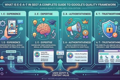 A magnifying glass highlighting the four pillars of Google's search quality guidelines: Experience, Expertise, Authoritativeness, and Trustworthiness.