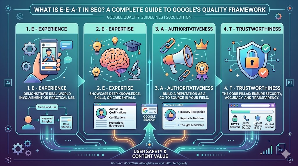 A magnifying glass highlighting the four pillars of Google's search quality guidelines: Experience, Expertise, Authoritativeness, and Trustworthiness.