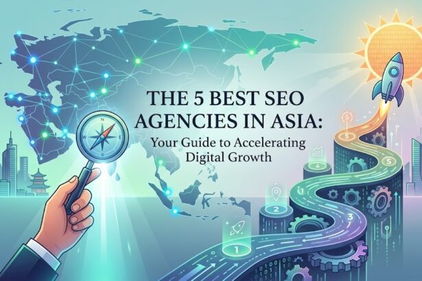 A digital map of Asia highlighting major tech hubs connected by glowing data lines, representing search engine optimization and digital growth.