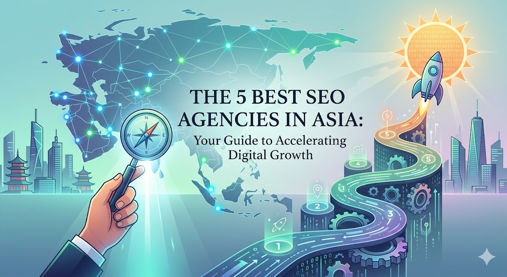 A digital map of Asia highlighting major tech hubs connected by glowing data lines, representing search engine optimization and digital growth.