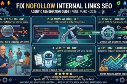 A magnifying glass inspecting a broken chain link on a computer screen, representing an internal link audit for SEO.