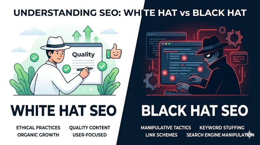 white hat, black hat, and grey hat SEO.