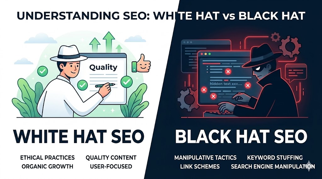 white hat, black hat, and grey hat SEO.