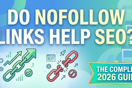 A magnifying glass hovering over HTML code highlighting a rel="nofollow" tag.