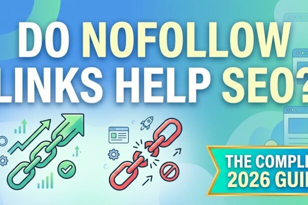 A magnifying glass hovering over HTML code highlighting a rel="nofollow" tag.