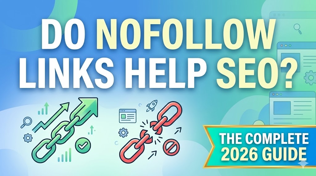 A magnifying glass hovering over HTML code highlighting a rel="nofollow" tag.