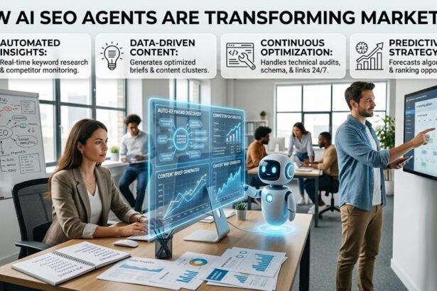 A futuristic glowing brain interconnected with digital marketing graphs and SEO analytics data on a computer screen.