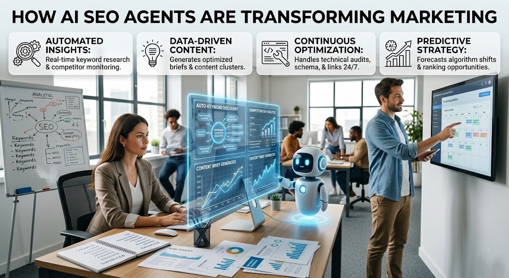 A futuristic glowing brain interconnected with digital marketing graphs and SEO analytics data on a computer screen.