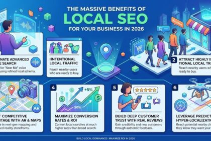 A digital marketer analyzing local map rankings and search traffic data on a modern computer monitor.